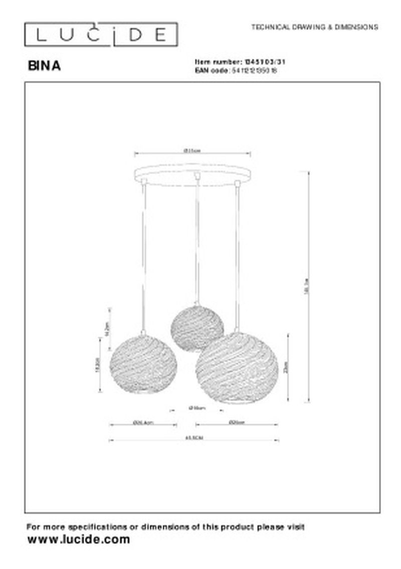 Lucide BINA - Závesné svietidlo - Ø 40 cm - 3xE27 - Biele